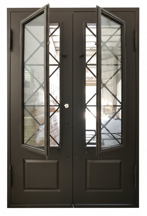 Rockport Model Thermal Break Double Front Entry Iron Door With Tempered Reflective Glass Matt Black Finish