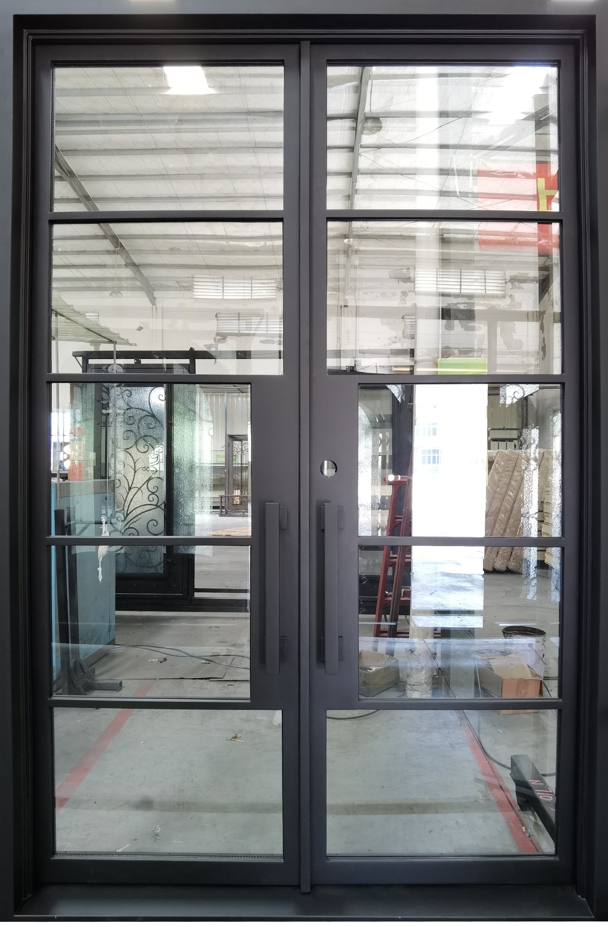 Frisco Model Double Front Entry Iron Door With Tempered Clear Low E Glass Matt Black Finish