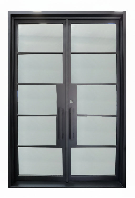 Frisco Model Double Front Entry Iron Door With Tempered Clear Low E Glass Matt Black Finish