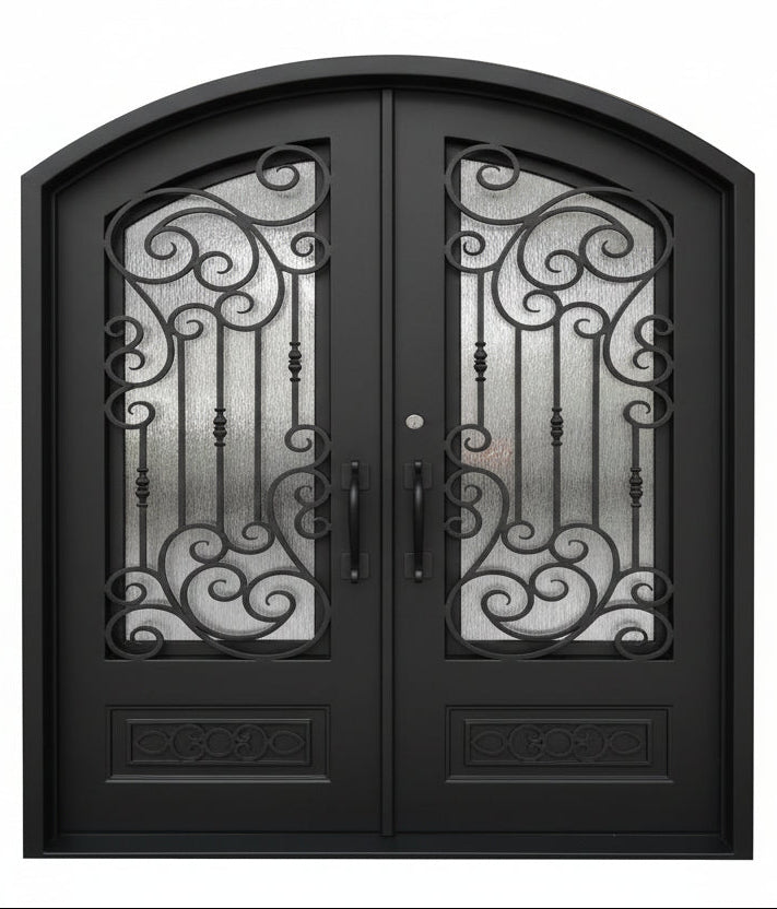 Alvarado Model Double Front Entry Iron Door With Tempered Rain Glass Dark Bronze Finish - AAWAIZ IMPORTS