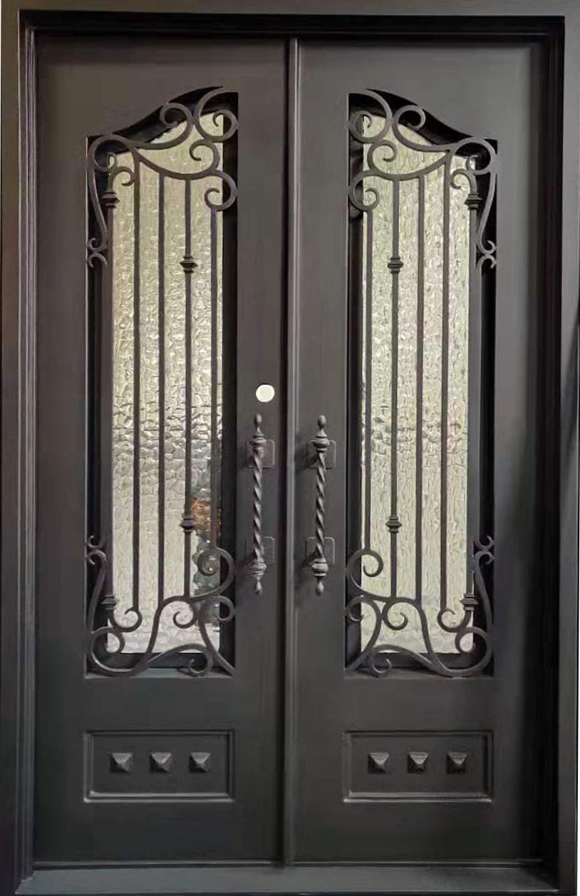 Bailey Model Double Front Entry Iron Door With Tempered Water Cube Glass Dark Bronze Finish - AAWAIZ IMPORTS