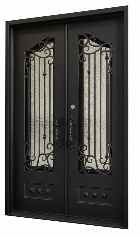 Bailey Model Double Front Entry Iron Door With Tempered Water Cube Glass Dark Bronze Finish - AAWAIZ IMPORTS