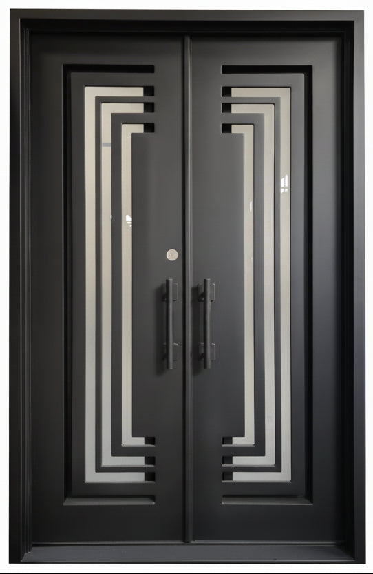 Bellaire Model Double Front Entry Iron Door With Tempered Frosted Glass - AAWAIZ IMPORTS