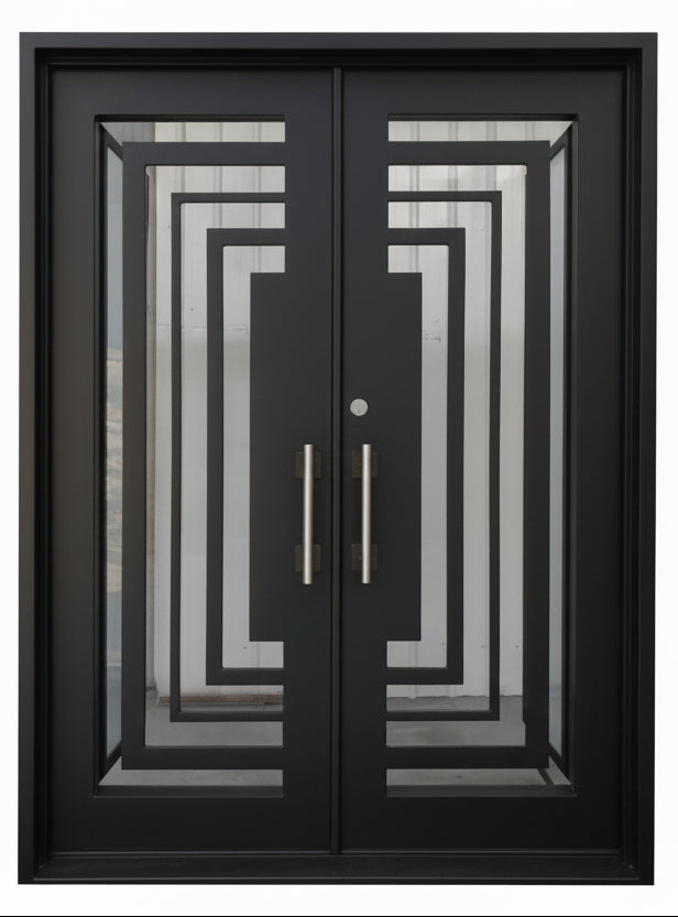 Bellaire Model Double Front Entry Iron Door With Tempered Frosted Glass - AAWAIZ IMPORTS