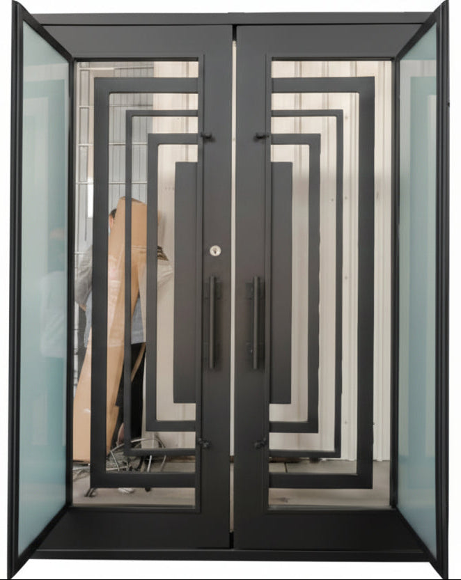 Bellaire Model Double Front Entry Iron Door With Tempered Frosted Glass - AAWAIZ IMPORTS