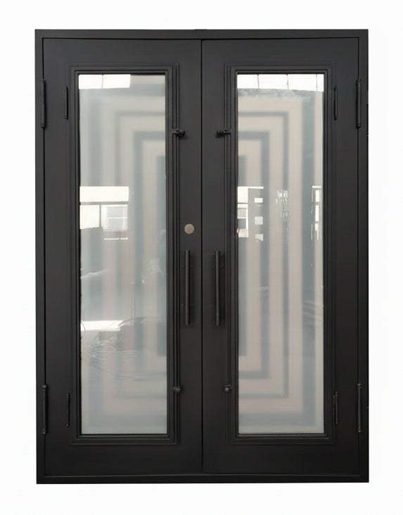 Bellaire Model Double Front Entry Iron Door With Tempered Frosted Glass - AAWAIZ IMPORTS