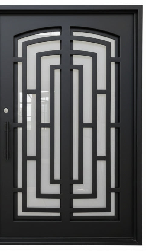 Belton Model Double Front Entry Iron Door With Tempered Frosted Glass Dark Bronze Finish - AAWAIZ IMPORTS
