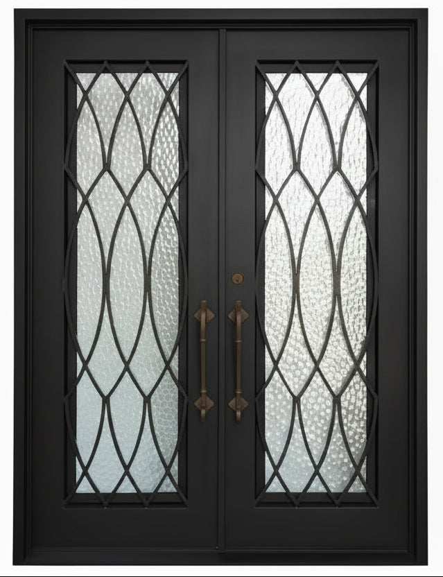 Burleson Model Double Front Entry Iron Door With Tempered Water Cube Glass Dark Bronze Finish - AAWAIZ IMPORTS