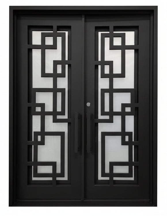 Baytown Model Thermal Break Double Front Entry Iron Door With Tempered Frosted Glass Dark Bronze Finish