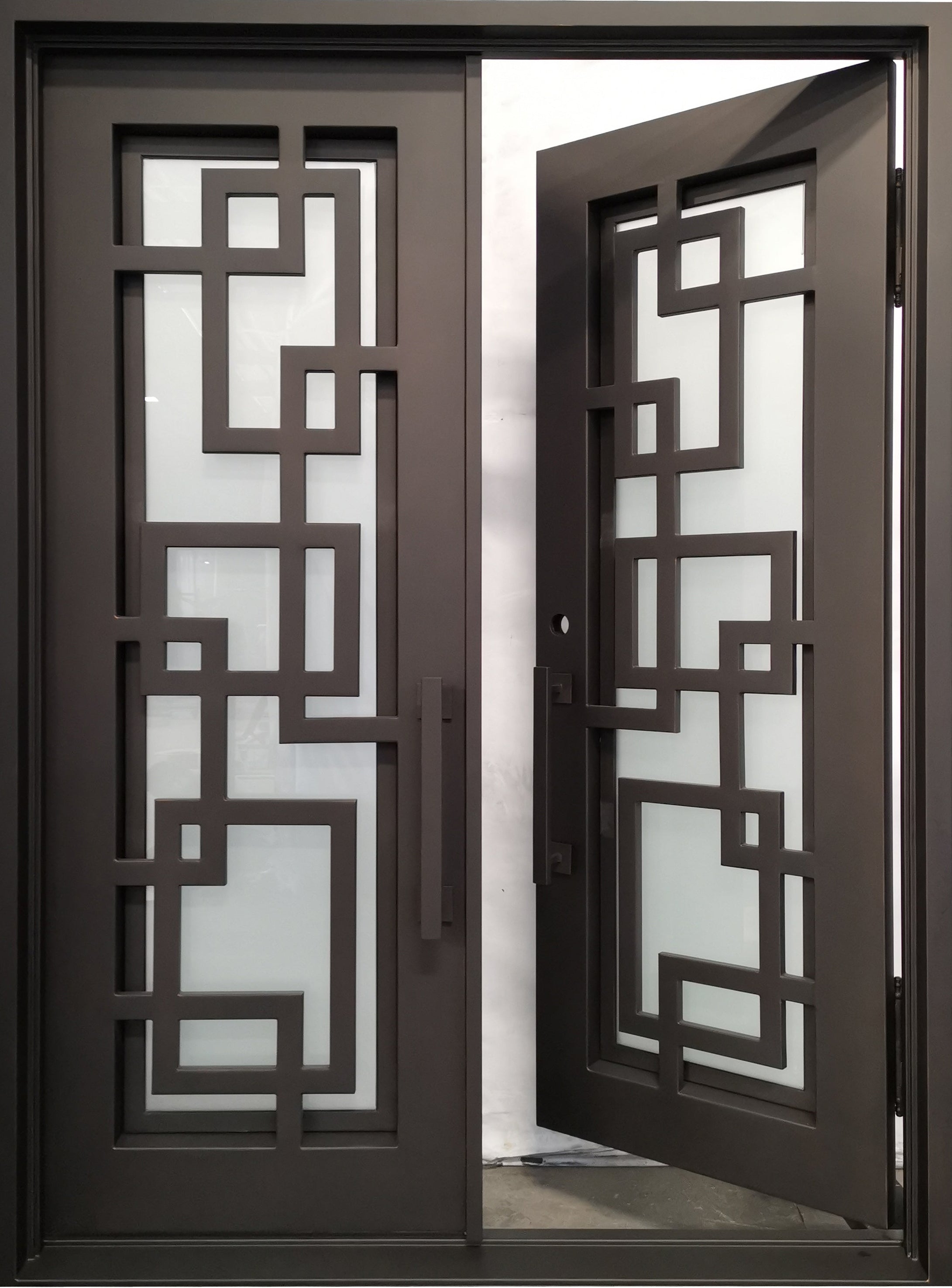 Baytown Model Double Front Entry Iron Door With Tempered Frosted Glass Dark Bronze Finish