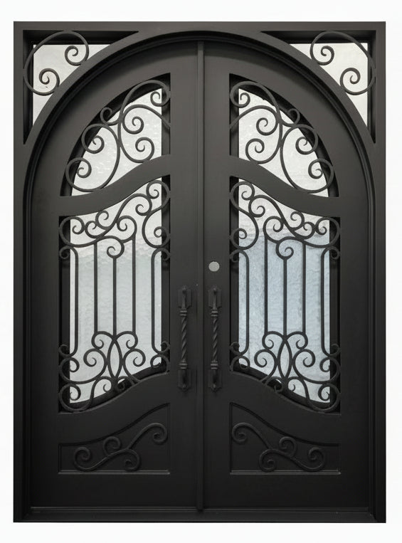 Calvert Model Thermal Break Double Front Entry Iron Door With Tempered Water Cube Glass Dark Bronze Finish