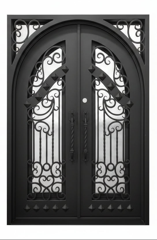 Cresson Model Double Front Entry Iron Door With Tempered Rain Glass Dark Bronze Finish - AAWAIZ IMPORTS