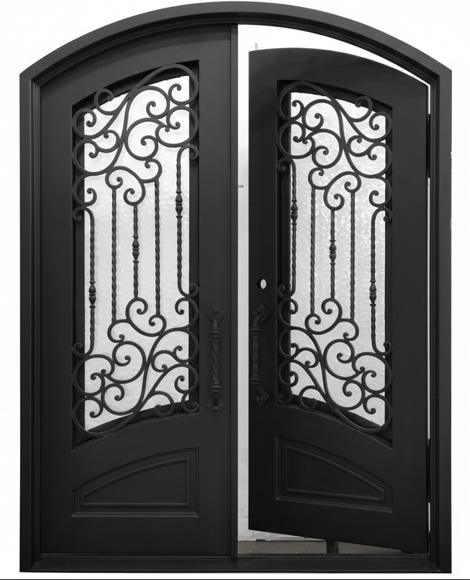 Archer Model Double Front Entry Iron Door With Tempered Water Cubit Glass Dark Bronze Finish - AAWAIZ IMPORTS