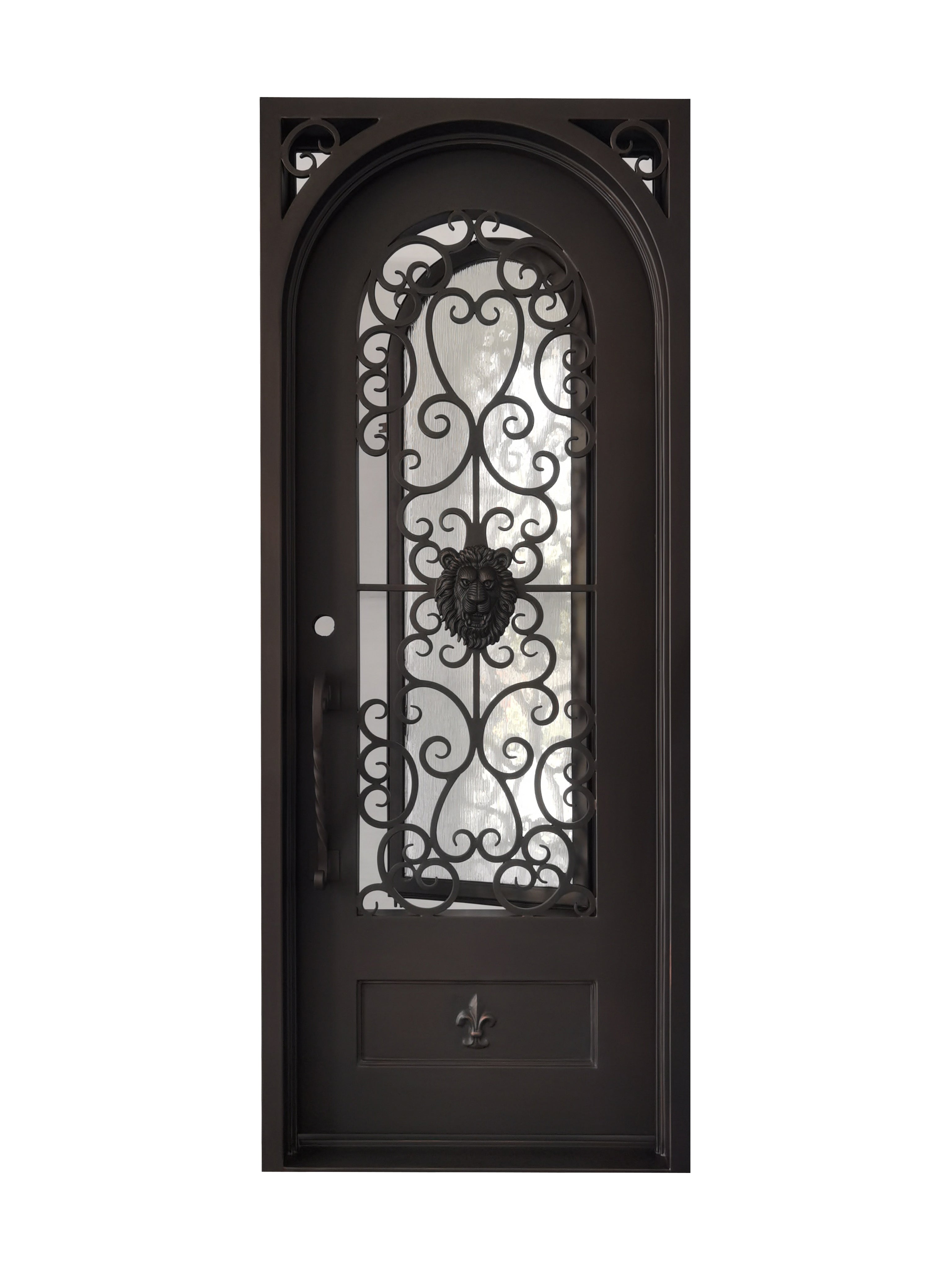 Coppell Pre Hung Single Front Entry Wrought Iron Door With Rain Glass Dark Bronze Finish