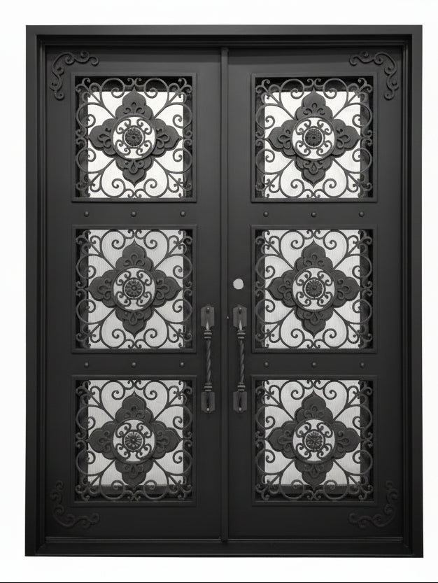 Allen Model Double Front Entry Iron Door With Tempered Rain Glass Dark Bronze Finish - AAWAIZ IMPORTS