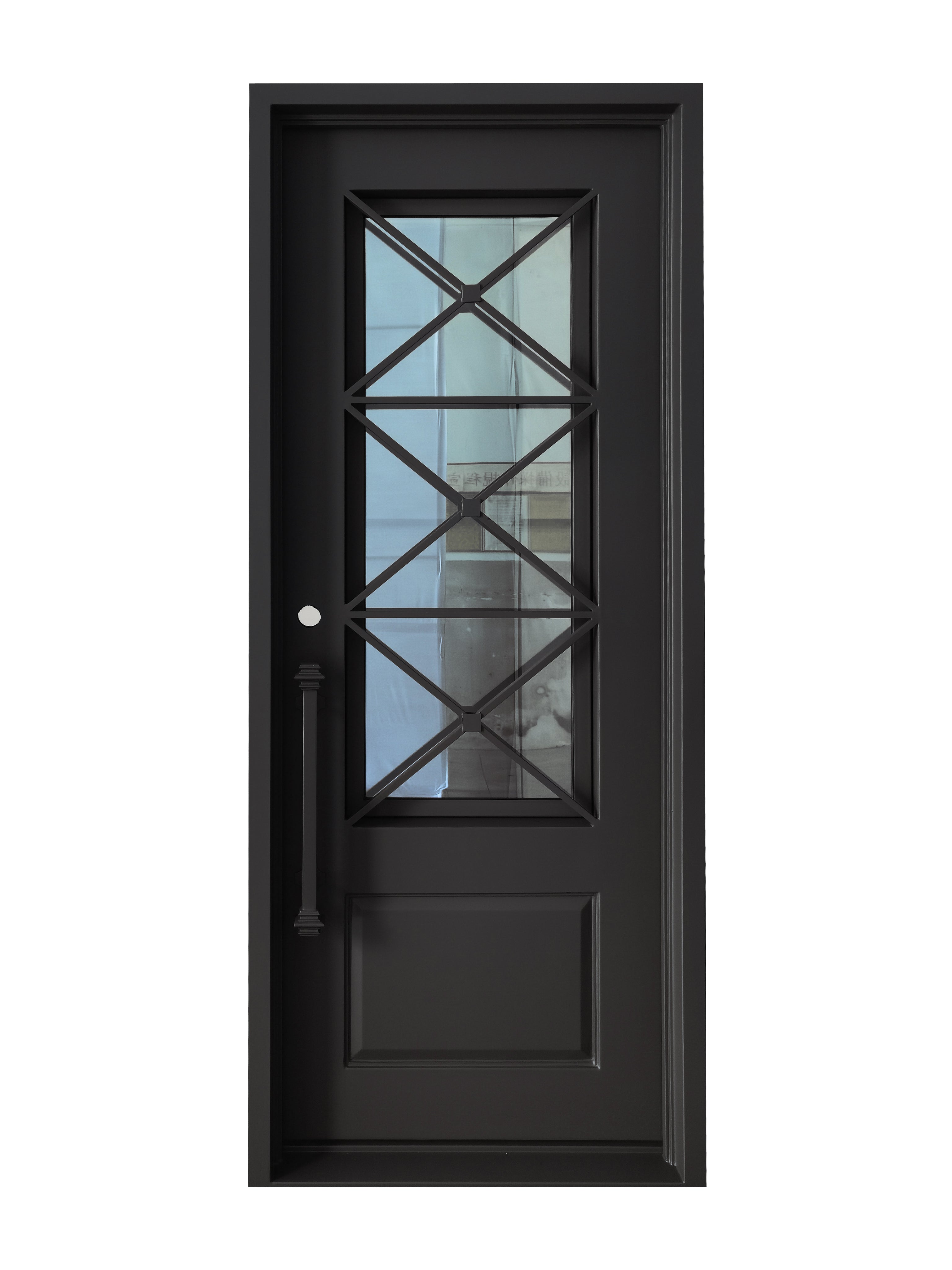Rockport Model Pre Hung Single Front Entry Wrought Iron Door With Refl