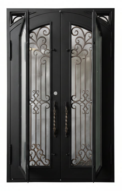 Hidalgo Model Double Front Entry Iron Door With Tempered Aqua Lite Glass Dark Bronze Finish - AAWAIZ IMPORTS