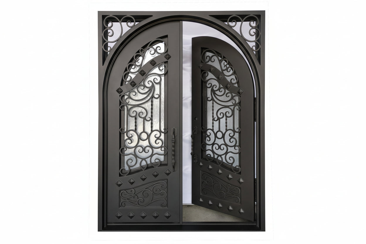 Canton Model Double Front Entry Iron Door With Tempered Rain Glass Dark Bronze Finish - AAWAIZ IMPORTS