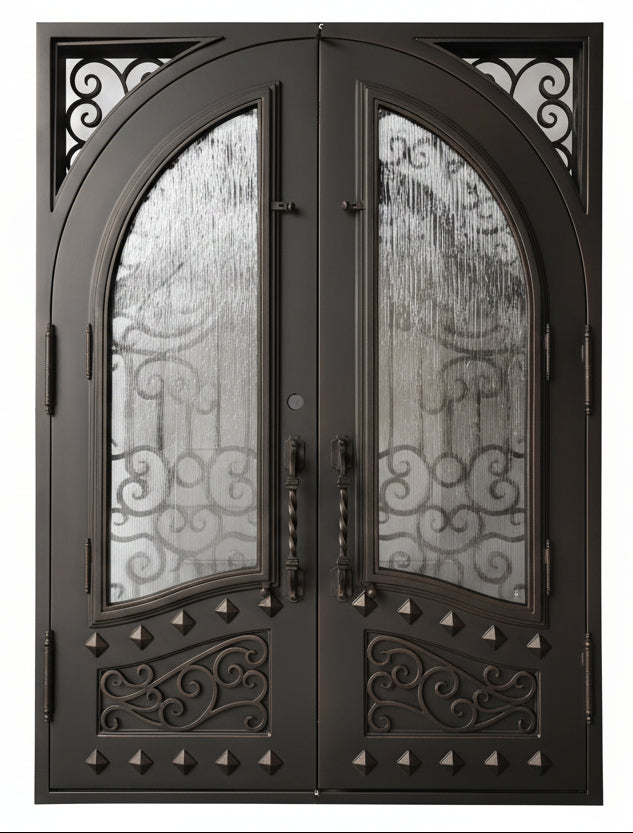 Canton Model Double Front Entry Iron Door With Tempered Rain Glass Dark Bronze Finish - AAWAIZ IMPORTS