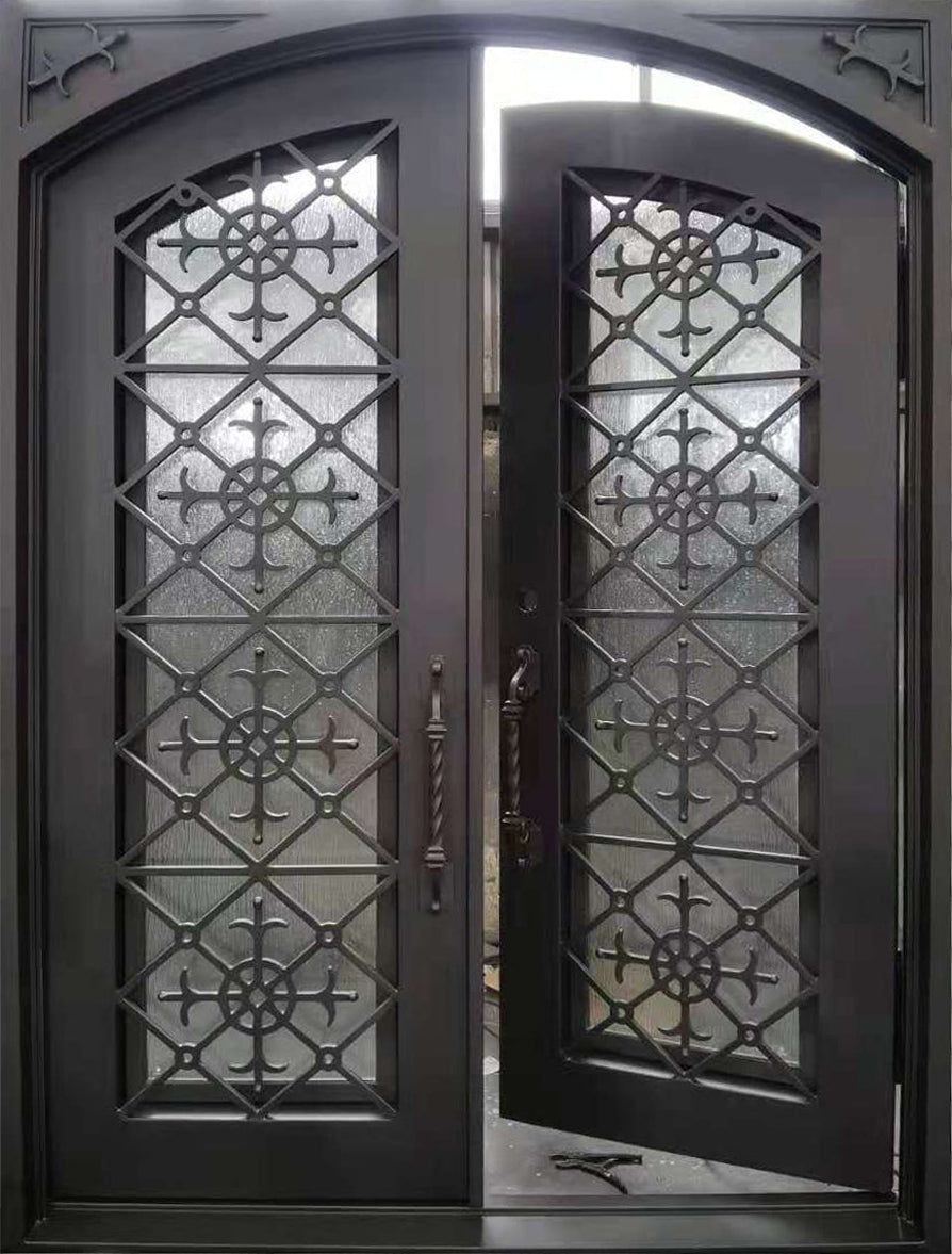 Clifton Model Double Front Entry Iron Door With Tempered Water Cube Glass Dark Bronze Finish