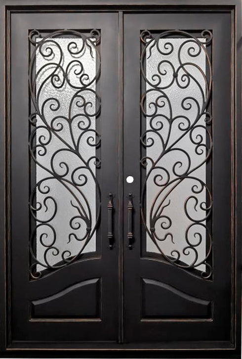 Katy Model Double Front Entry Iron Door With Tempered Rain Glass Matt Black Finish With Copper Accents