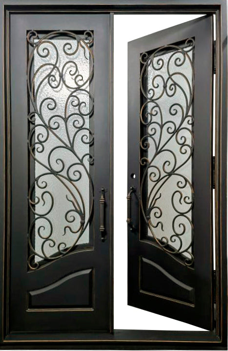 Katy Model Double Front Entry Iron Door With Tempered Rain Glass Matt Black Finish With Copper Accents