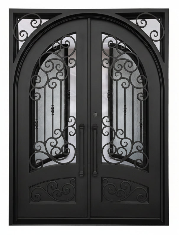 Conroe Model Double Front Entry Iron Door With Tempered Rain Glass Dark Bronze Finish - AAWAIZ IMPORTS