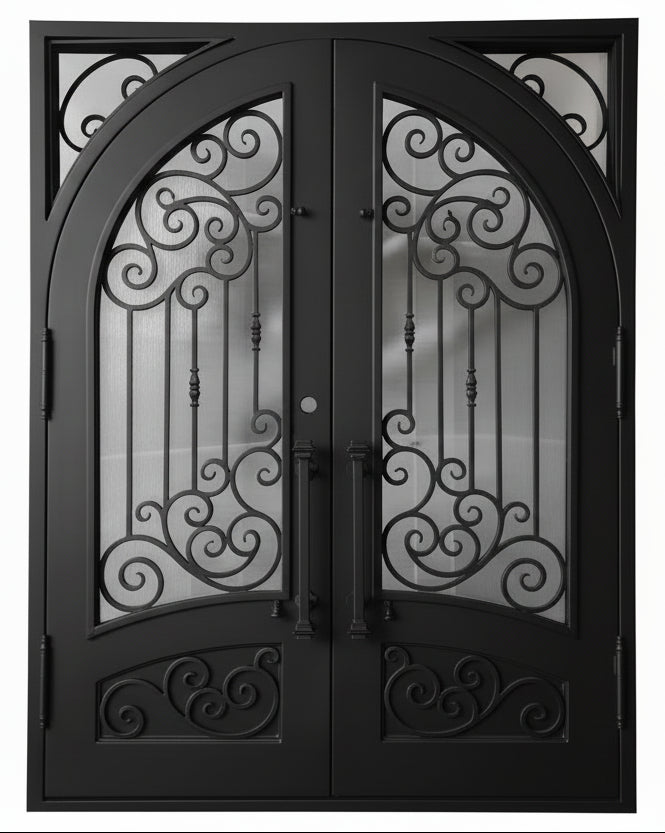 Conroe Model Double Front Entry Iron Door With Tempered Rain Glass Dark Bronze Finish - AAWAIZ IMPORTS