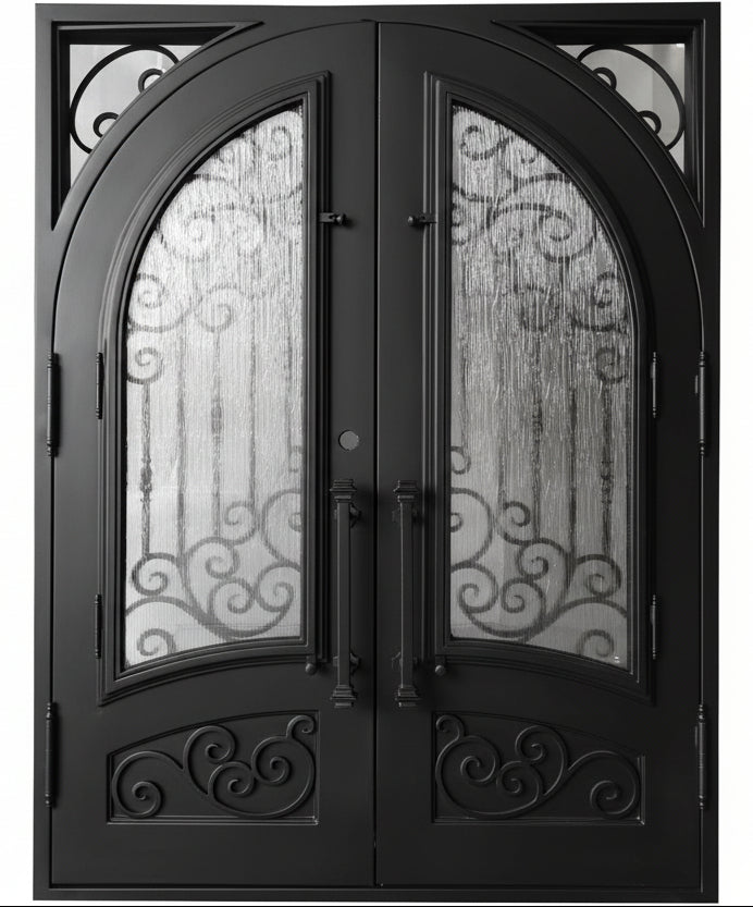 Conroe Model Double Front Entry Iron Door With Tempered Rain Glass Dark Bronze Finish - AAWAIZ IMPORTS