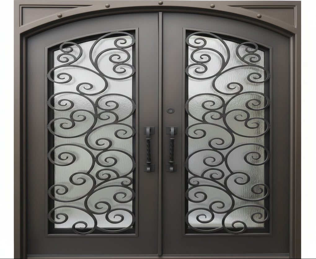 Hudson Model Double Front Entry Iron Door With Tempered Rain Glass Dark Bronze Finish - AAWAIZ IMPORTS