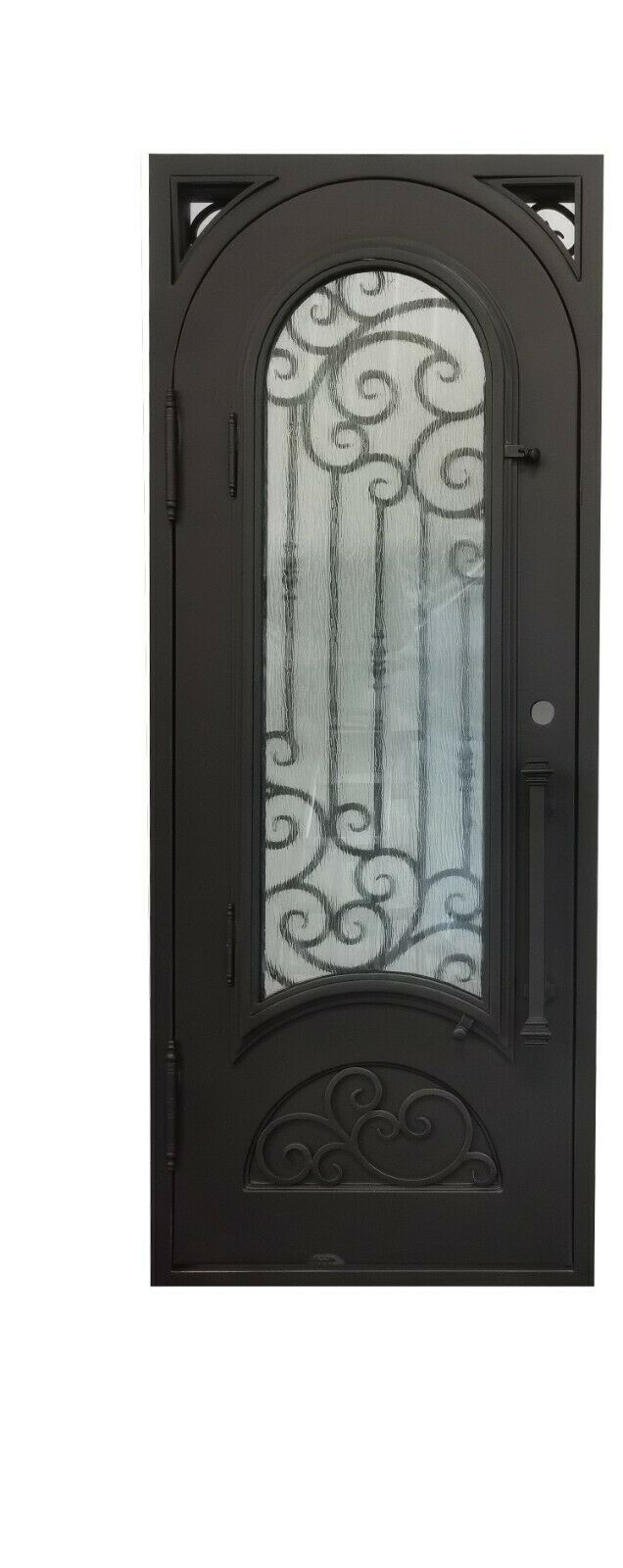 Conroe Model Pre Hung Single Front Entry Wrought Iron Door With Rain Glass Dark Bronze Finish