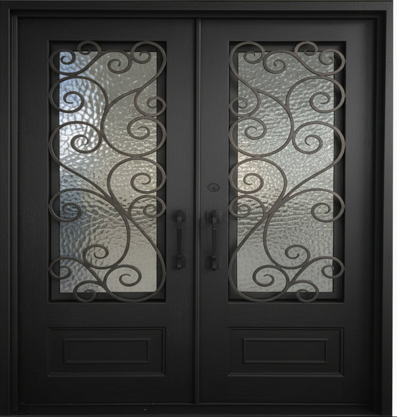 Abbott Model Double Front Entry Iron Door With Tempered Water Cube Glass Dark Bronze Finish - AAWAIZ IMPORTS