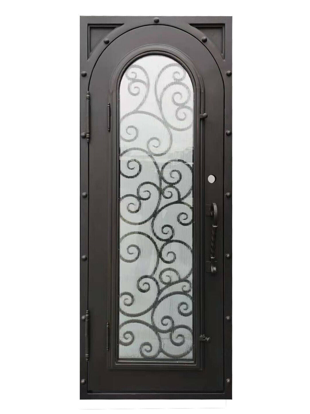 Hudson Model Pre Hung Single Front Entry Wrought Iron Door With Rain Glass Dark Bronze Finish